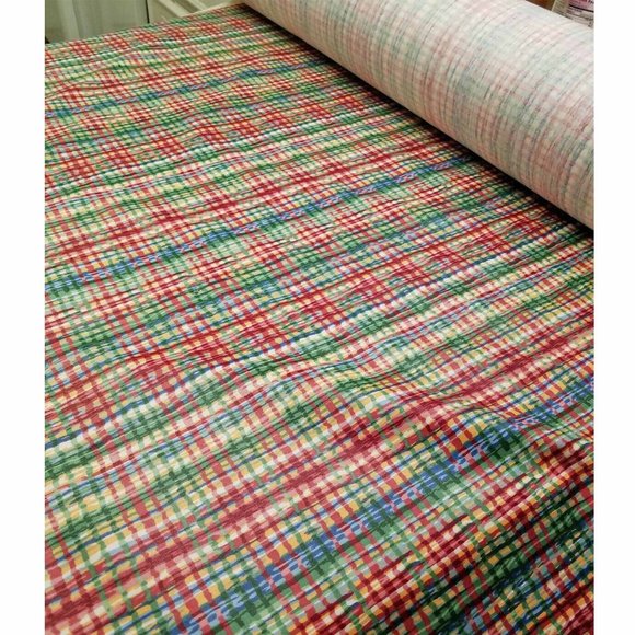 Fabric 4 yds Decorator Polished Cotton RedYellowBlueGreen Plaid 54"W new - Picture 1 of 3